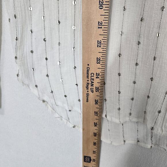 Feather Bone Gauzy Top Blouse Shirt Sz M White Sequins Accents Button Front Boho - Picture 12 of 14